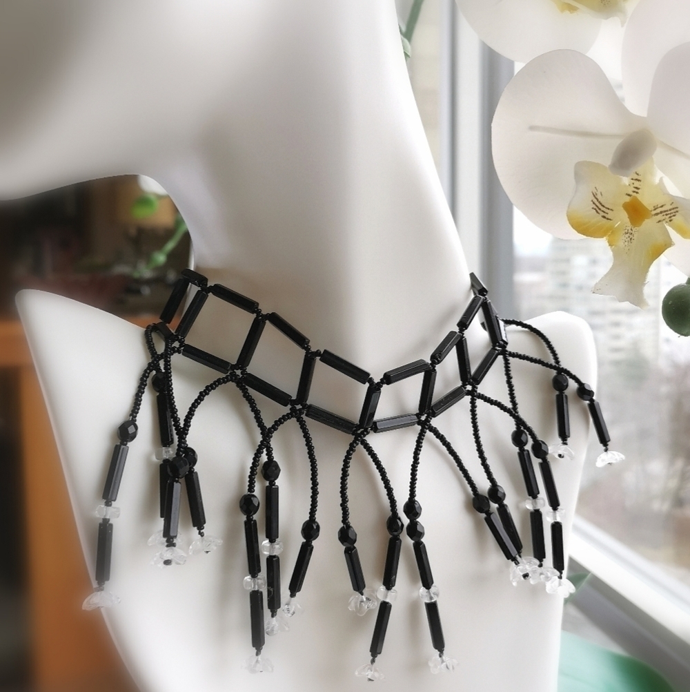 Vintage Y2K cascade Czech necklace in jet and clear flowers